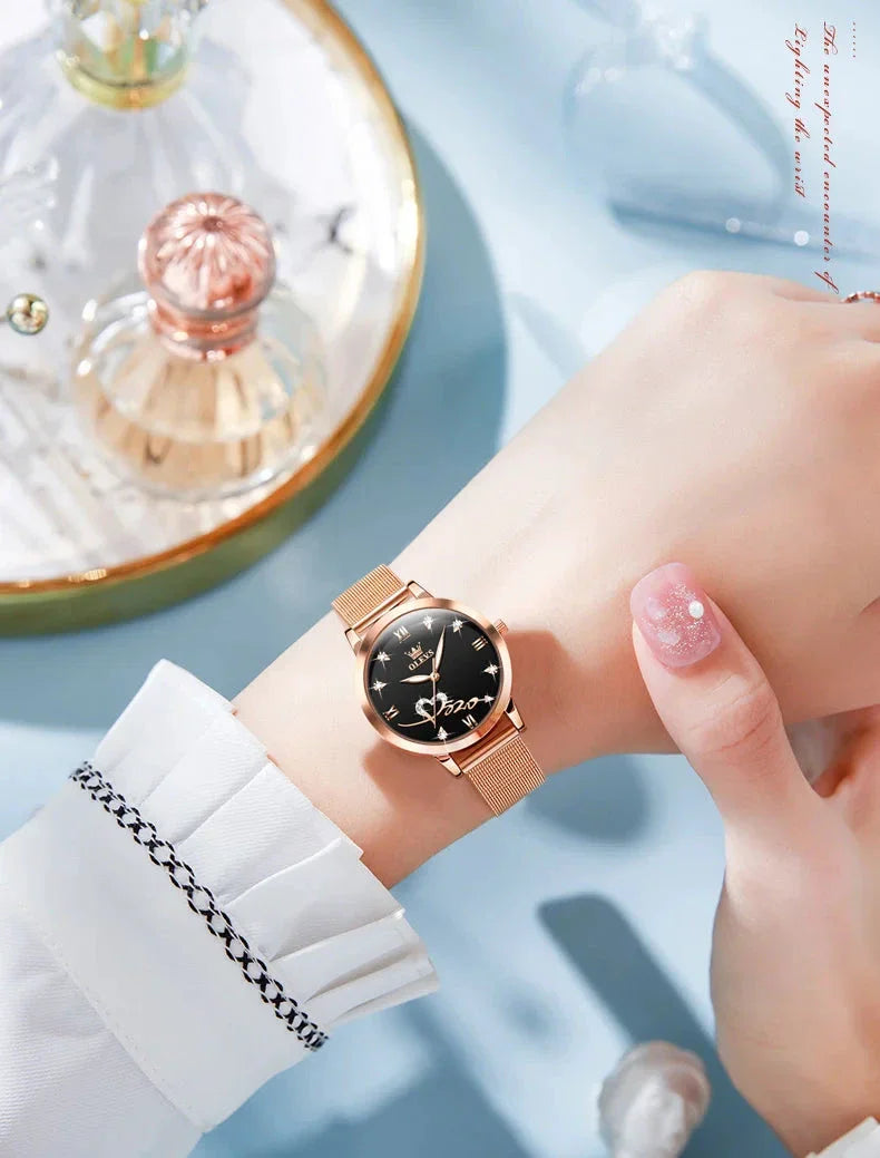 OLEVS Luxury Fashion Ladies' Watches Rose Gold Top Brand Original Quartz Watch for Women Stainless Steel Mesh Strap Love Dial