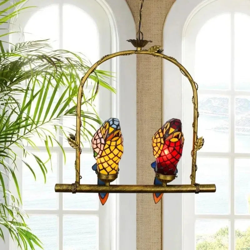 European Creative Chandelier Retro Art Stained Glass Parrot Bar Restaurant Living Room Bird Lamp Glass Tiffany Chandelier