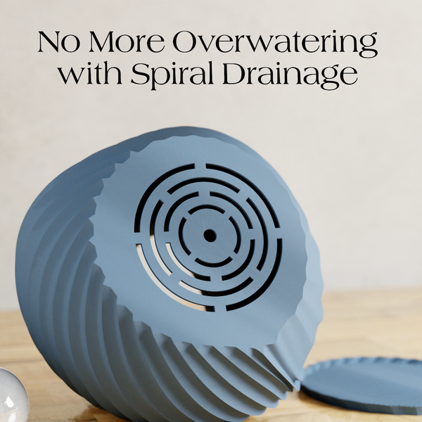 Blue spiral drainage product with text 'No More Overwatering with Spiral Drainage' on a neutral background