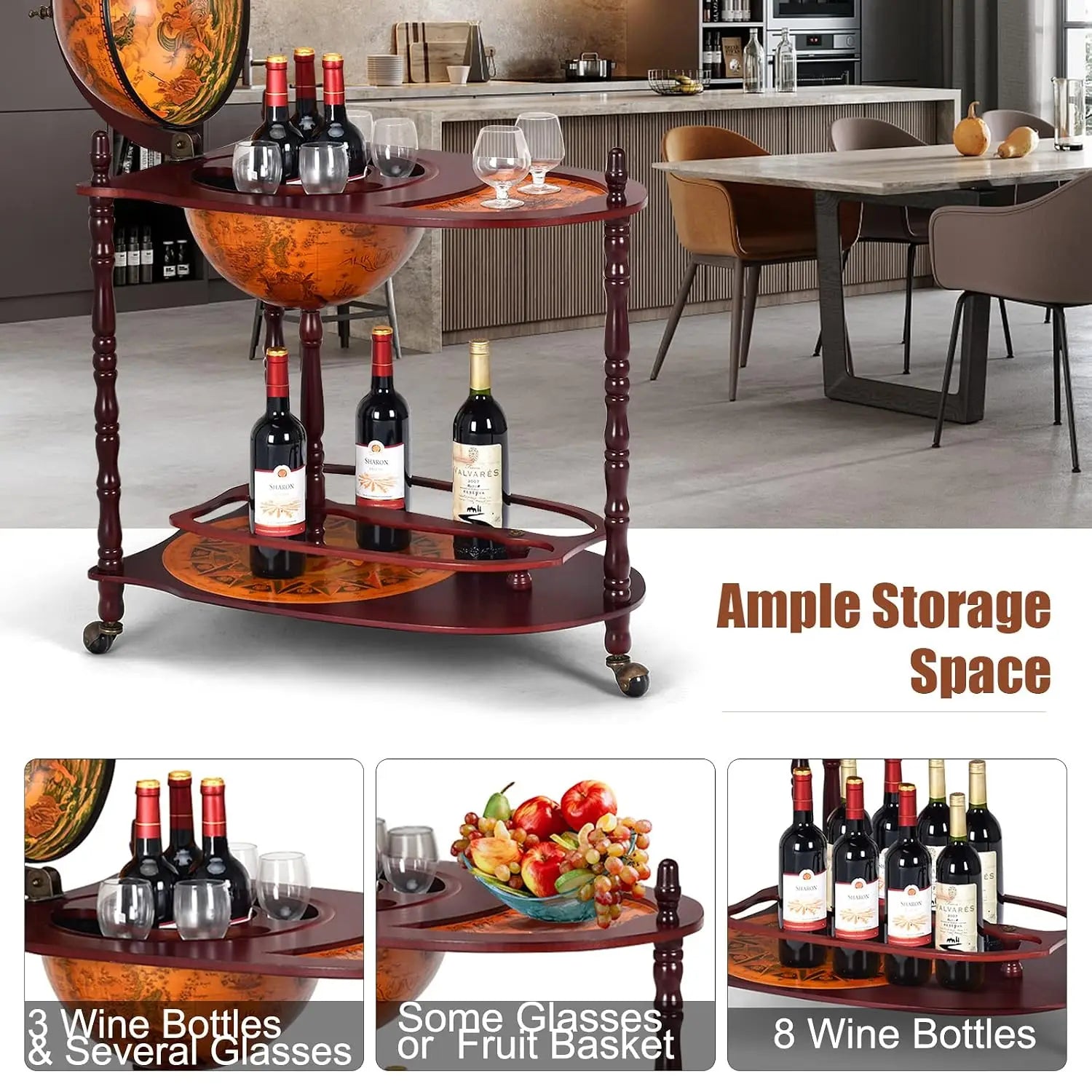 Vintage Globe Bar Cart with Wheels & Shelf, 16th Century Replica Map, Retro Liquor Cabinet for Living Room, 34.5