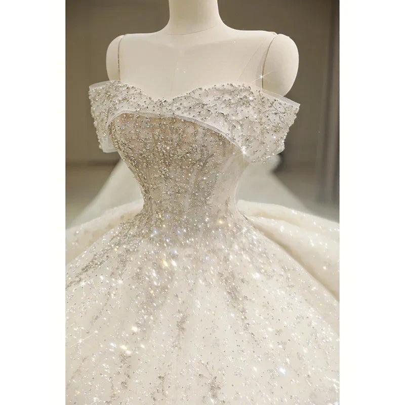 Exquisite White Wedding Dress Boat Neck EDL451
