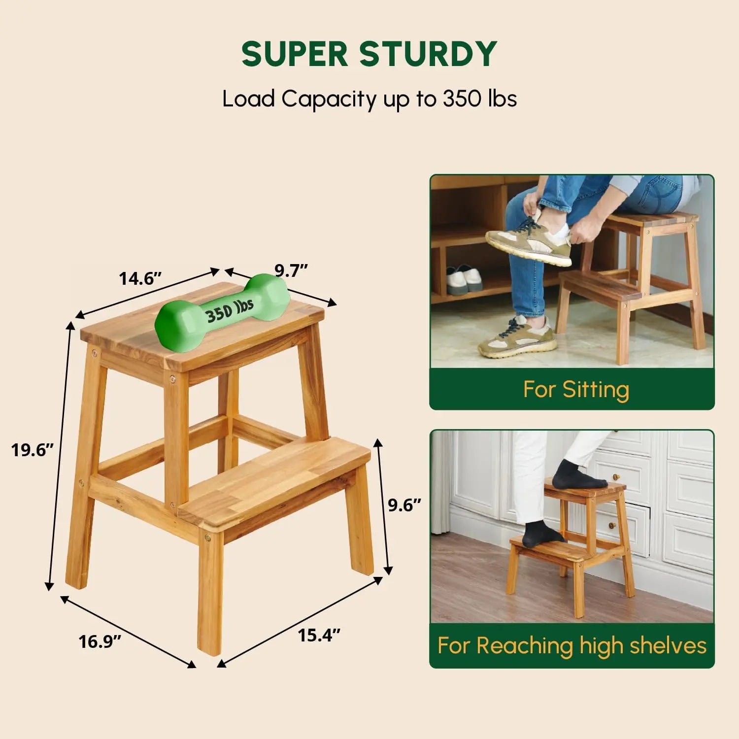 2 Step Wood Stool, Wooden Stepping Stools for Adults & Kids 350 lbs, Kids Stepping Chair, Bathroom, Bedroom Bench