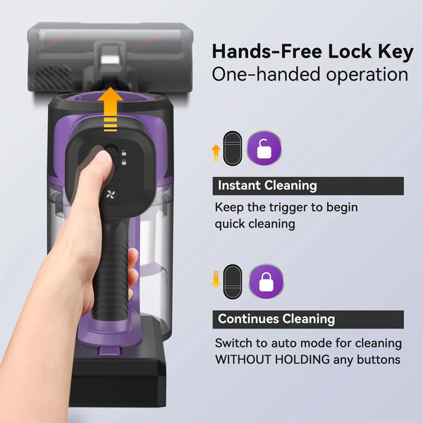 Cordless Vacuum Cleaner, 6-in-1 Stick Vacuum with 30Kpa 350W Suction includes hands-free lock key for one-handed operation and continuous cleaning mode.