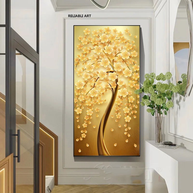 Abstract Golden Rich Tree Money Tree Oil Paintings on Canvas Poster Modern Landscape Wall Art Picture Print Home Decor No Frame
