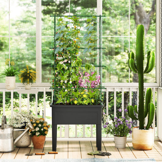 Self-watering Raised Garden Bed Elevated Planter with Climbing Trellis-Black