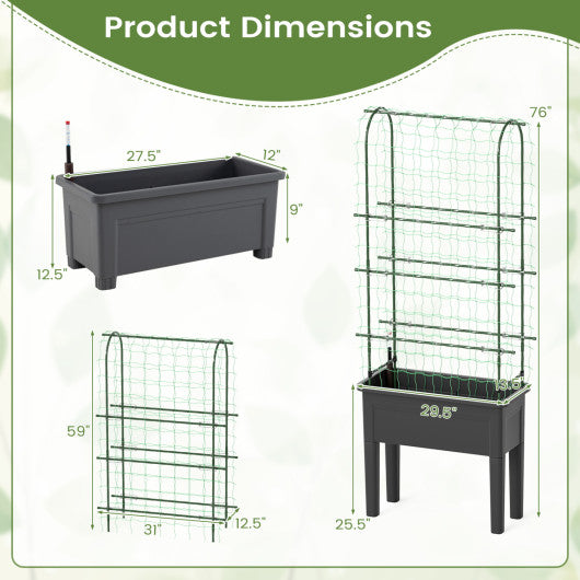 Self-watering Raised Garden Bed Elevated Planter with Climbing Trellis-Black