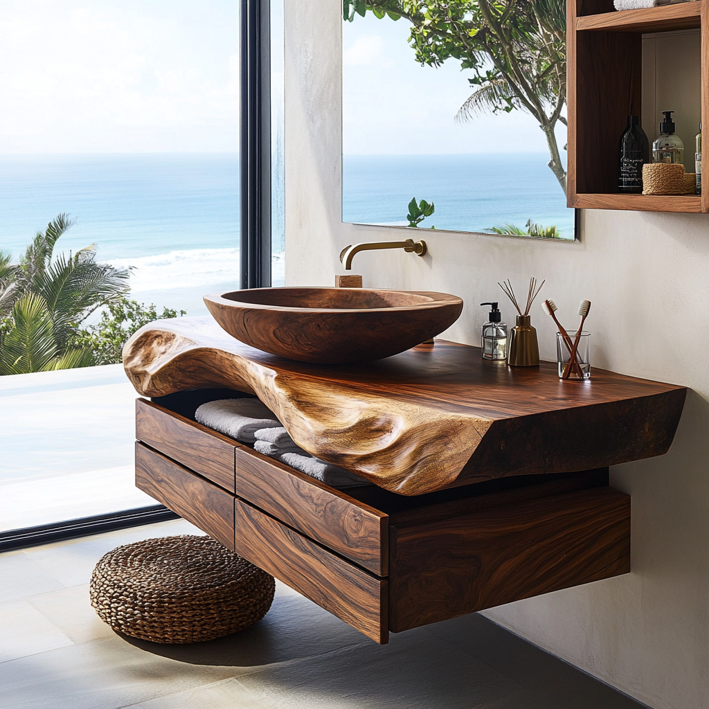 Seravik Live Edge Solid Wood Floating Bathroom Vanity with Drawers