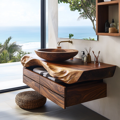 Seravik Live Edge Solid Wood Floating Bathroom Vanity with Drawers