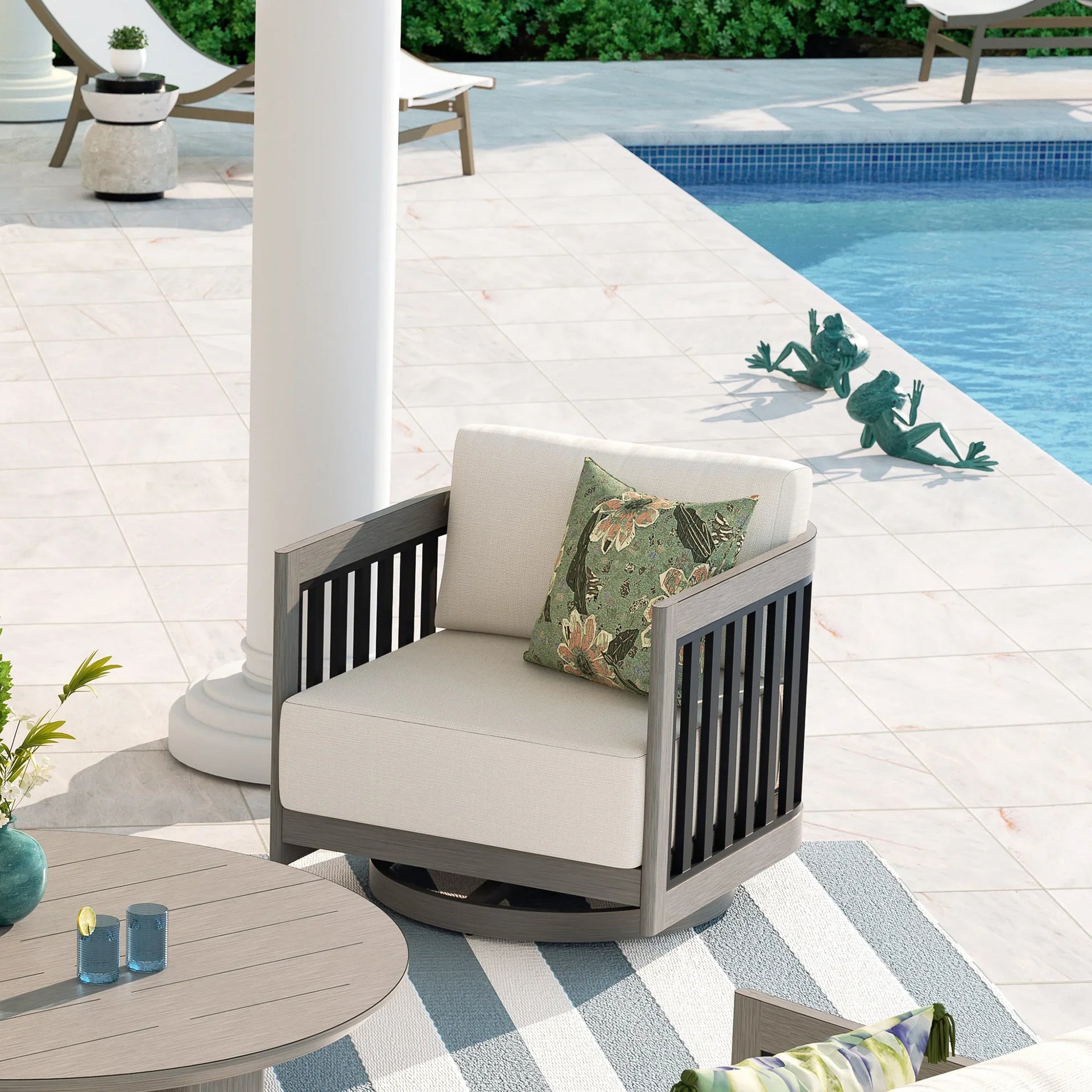 Sereno Outdoor Aluminum Sofa Set With Swivel Chairs and Round Coffee Table