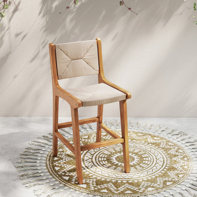 Set of 1 Outdoor Counter Height Bar Stool Woven Paper Rope Patio Barstool with Teak Wood Frame