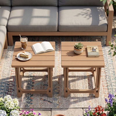Set of 2 18 Inch Outdoor Adirondack Side Table with Slatted Surface-Brown