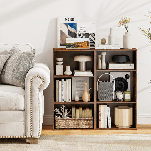 Set of 2 3-Tier Cube Bookcase with Adjustable Shelves for Home Office-Rustic Brown