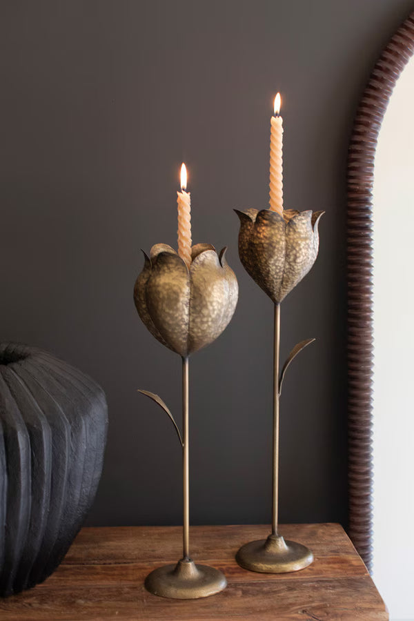 Set of 2 Antique Brass Tulip Taper Candle Holders