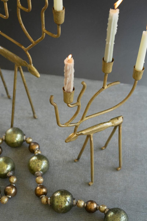 Set of 2 Antique Gold Forged Iron Christmas Deer Candelabras