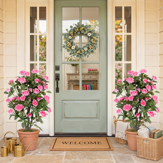 Set of 2 Artificial Rose Tree with Blooming Flowers and Green Leaves for Indoor-Pink