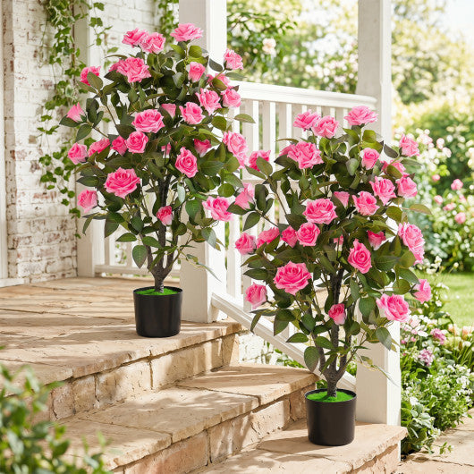 Set of 2 Artificial Rose Tree with Blooming Flowers and Green Leaves for Indoor-Pink