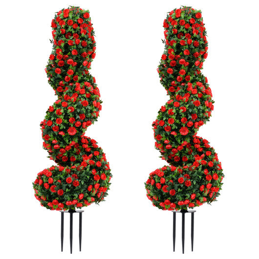 Set of 2 Artificial Spiral Topiary Trees with Sun Protection and Ground Spikes-Red