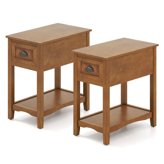 Set of 2 Contemporary Side End Table with Drawer -Natural
