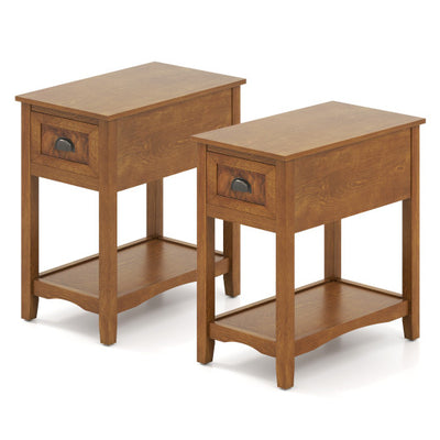 Set of 2 Contemporary Side End Table with Drawer -Natural