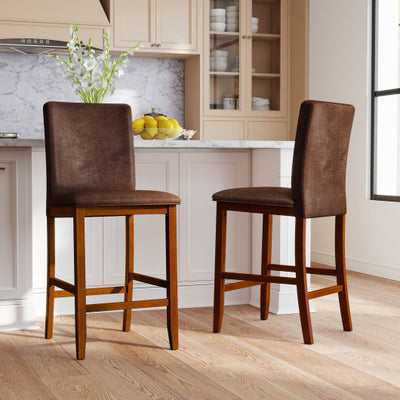 Set of 2 Counter Barstools with Rubberwood Legs and Upholstered Seat-Walnut