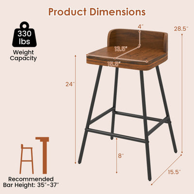 Set of 2 Counter Height Bar Stool with Low Back Metal Legs and Footrest for Kitchen Island-Brown