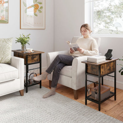 Set of 2 End Table with Charging Station and Hidden Compartment-Rustic Brown