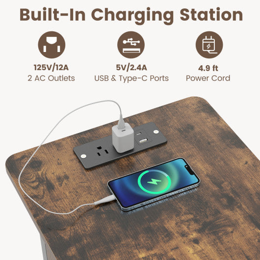 Set of 2 End Table with Charging Station and Hidden Compartment-Rustic Brown