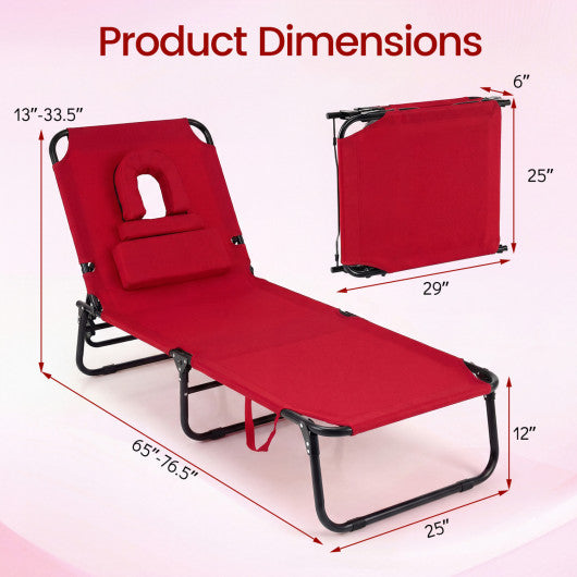Set of 2 Folding Face Down Tanning Chair with Face Hole 3 Removable Pillows-Red