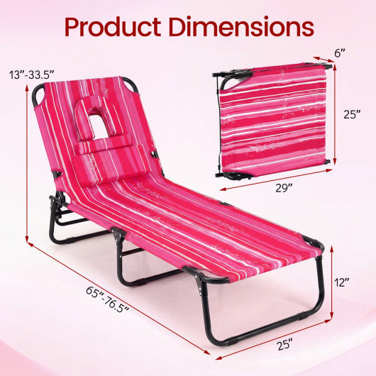Set of 2 Folding Face Down Tanning Chair with Face Hole 3 Removable Pillows-Pink Stripe