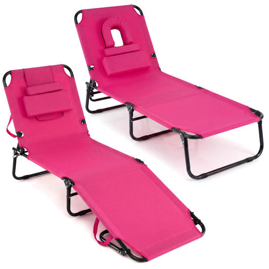 Set of 2 Folding Face Down Tanning Chair with Face Hole 3 Removable Pillows-Pink
