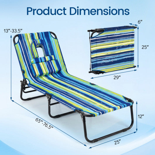 Set of 2 Folding Face Down Tanning Chair with Face Hole 3 Removable Pillows-Blue and Green