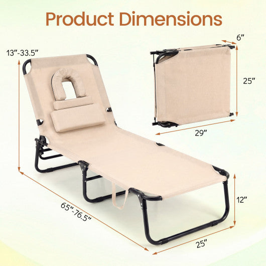 Set of 2 Folding Face Down Tanning Chair with Face Hole 3 Removable Pillows-Beige