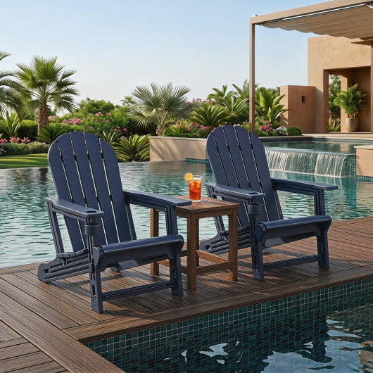 Set of 2 HDPE Adirondack Chair with Cup Holder and Wooden Texture for Patio-Blue