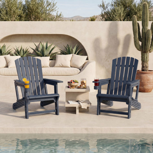 Set of 2 HDPE Adirondack Chair with Cup Holder and Wood-Like Texture  for Garden-Blue