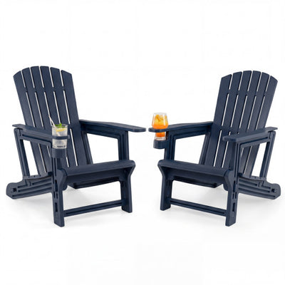 Set of 2 HDPE Adirondack Chair with Cup Holder and Wood-Like Texture  for Garden-Blue