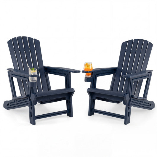Set of 2 HDPE Adirondack Chair with Cup Holder and Wood-Like Texture  for Garden-Blue