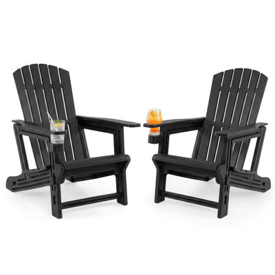 Set of 2 HDPE Adirondack Chair with Cup Holder and Wood-Like Texture  for Garden-Black