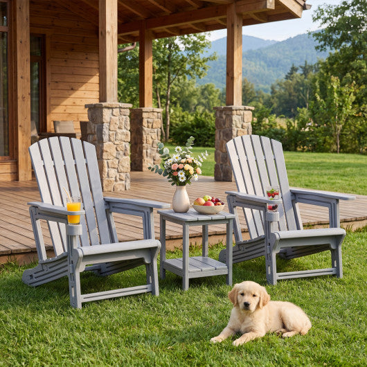 Set of 2 HDPE Adirondack Chair with Cup Holder and Wood-Like Texture  for Garden-Gray