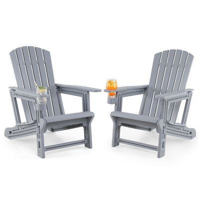 Set of 2 HDPE Adirondack Chair with Cup Holder and Wood-Like Texture  for Garden-Gray
