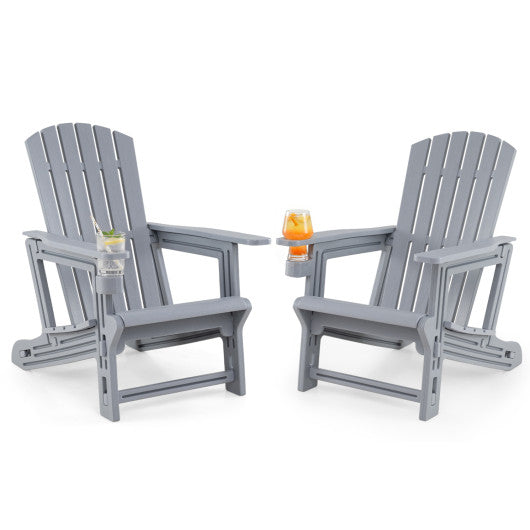 Set of 2 HDPE Adirondack Chair with Cup Holder and Wood-Like Texture  for Garden-Gray