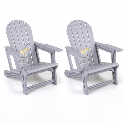 Set of 2 HDPE Adirondack Chair with Cup Holder and Wooden Texture for Patio-Gray