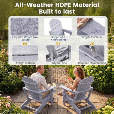 Set of 2 HDPE Adirondack Chair with Cup Holder and Wooden Texture for Patio-Gray
