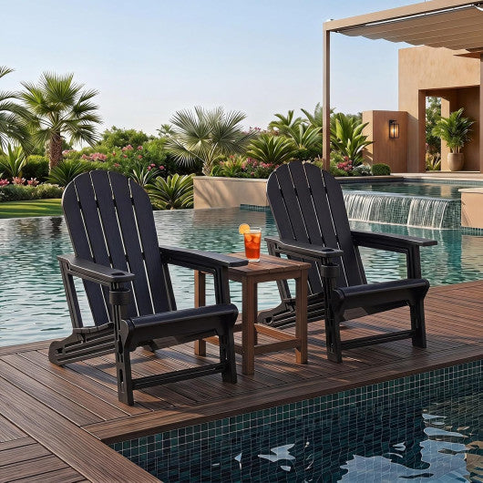 Set of 2 HDPE Adirondack Chair with Cup Holder and Wooden Texture for Patio-Black