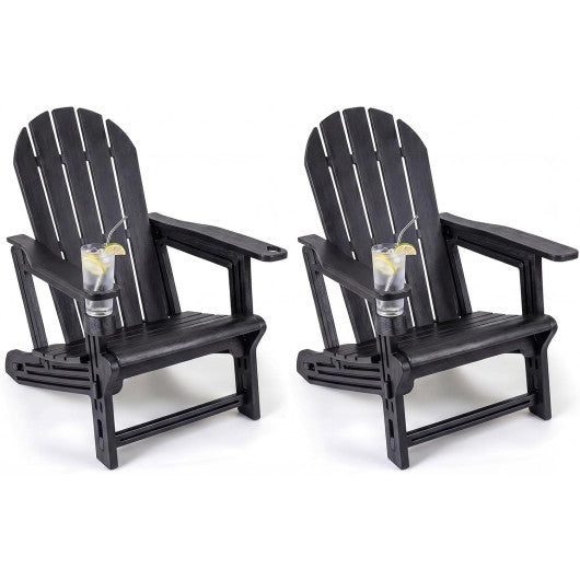 Set of 2 HDPE Adirondack Chair with Cup Holder and Wooden Texture for Patio-Black