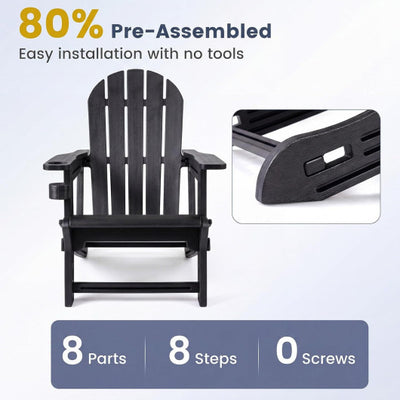 Set of 2 HDPE Adirondack Chair with Cup Holder and Wooden Texture for Patio-Black