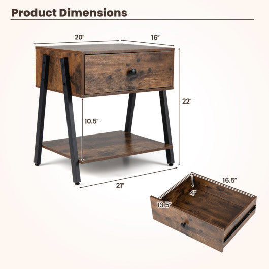 Set of 2 Industrial Nightstand with Adjustable Foot Pads for Bedroom-Rustic Brown