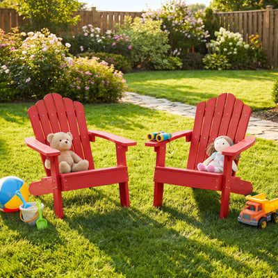 Set of 2 Kids Adirondack Chairs All-weather Outdoor Chairs for Children with Tilted High Backrest-Red
