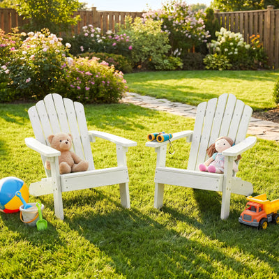 Set of 2 Kids Adirondack Chairs All-weather Outdoor Chairs for Children with Tilted High Backrest-White