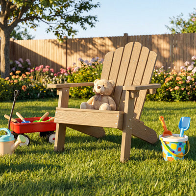 Set of 2 Kids Adirondack Chairs All-weather Outdoor Chairs for Children with Tilted High Backrest-Brown