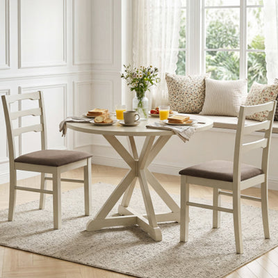 Set of 2 Linen Style Upholstered Dining Chairs with Wood Frames-White